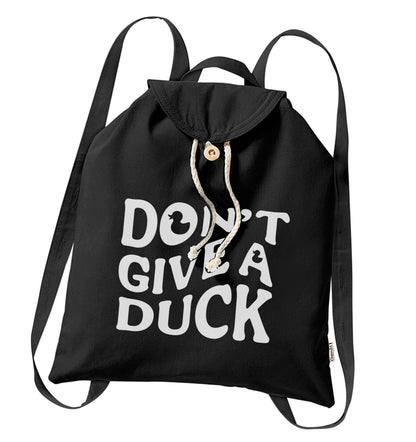 Don't give a duck organic cotton backpack tote with wooden buttons in black