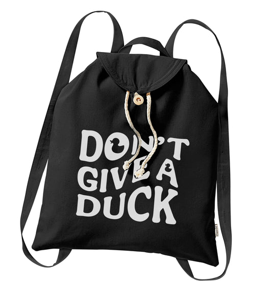 Don't give a duck organic cotton backpack tote with wooden buttons in black