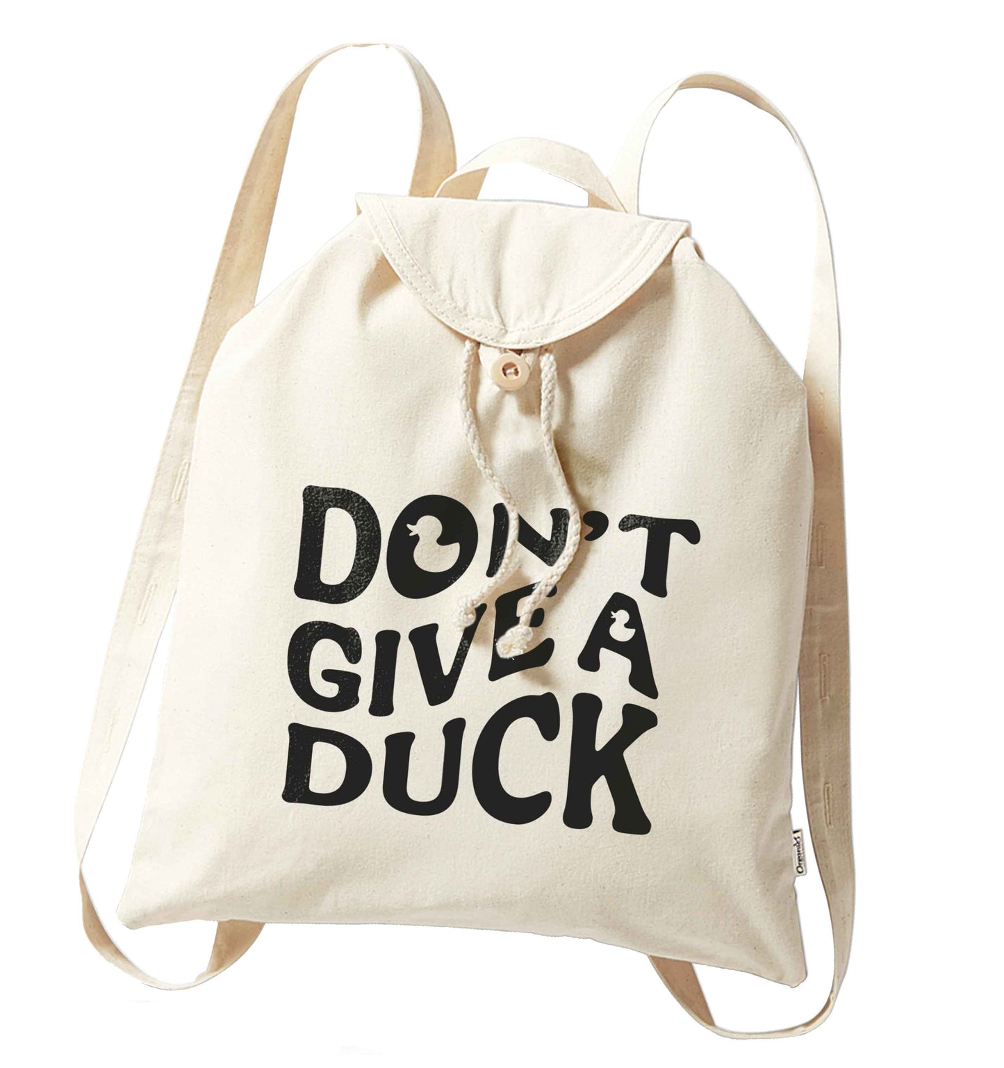 Don't give a duck organic cotton backpack tote with wooden buttons in natural