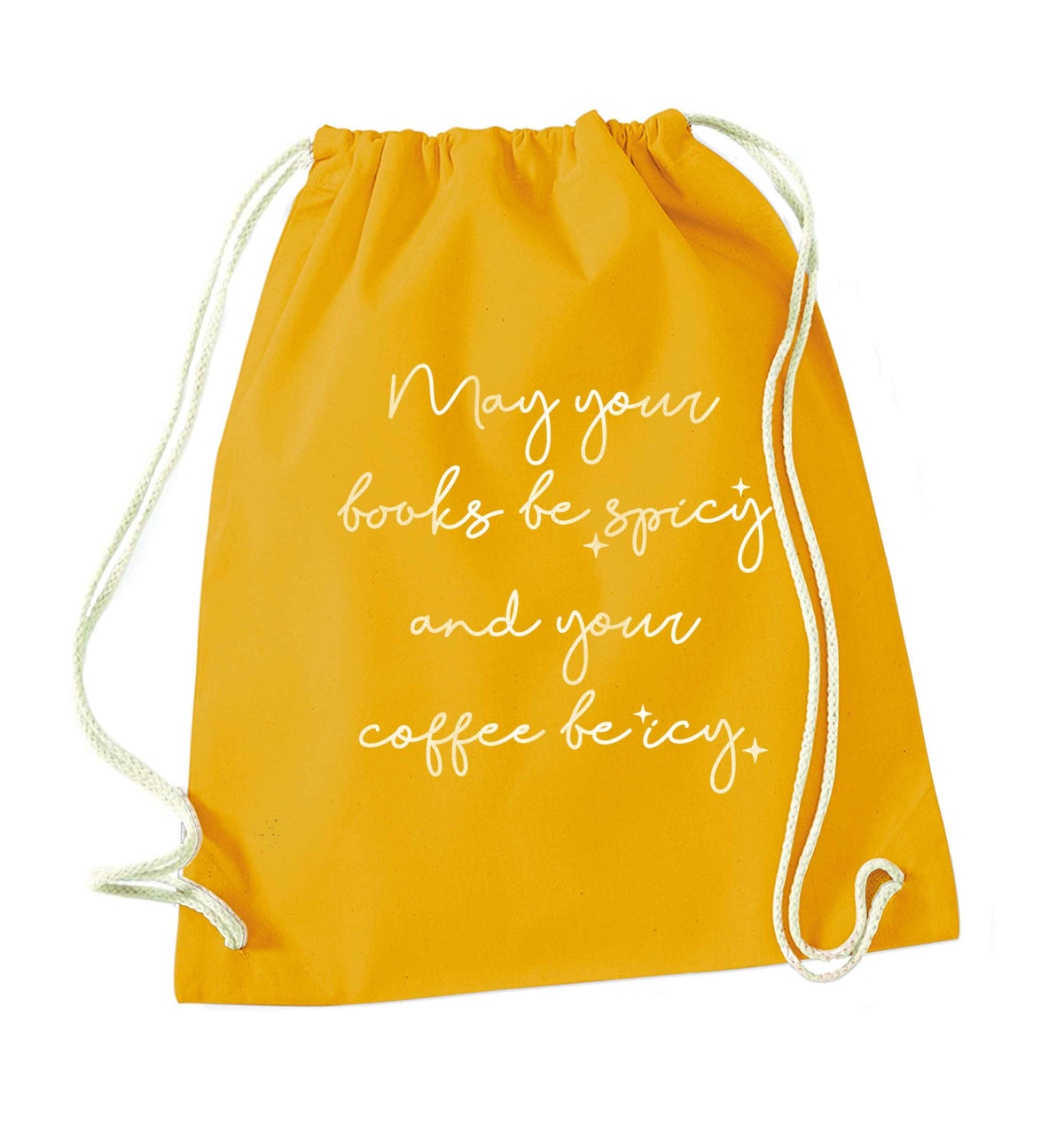 May your books be spicy and your coffee be icy mustard drawstring bag