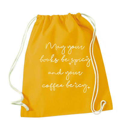 May your books be spicy and your coffee be icy mustard drawstring bag