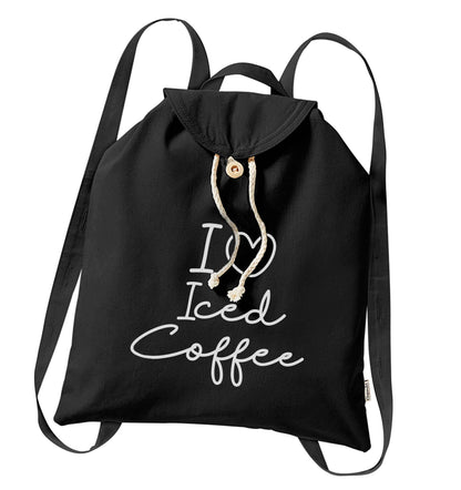 I love iced coffee organic cotton backpack tote with wooden buttons in black