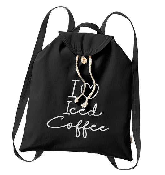 I love iced coffee organic cotton backpack tote with wooden buttons in black