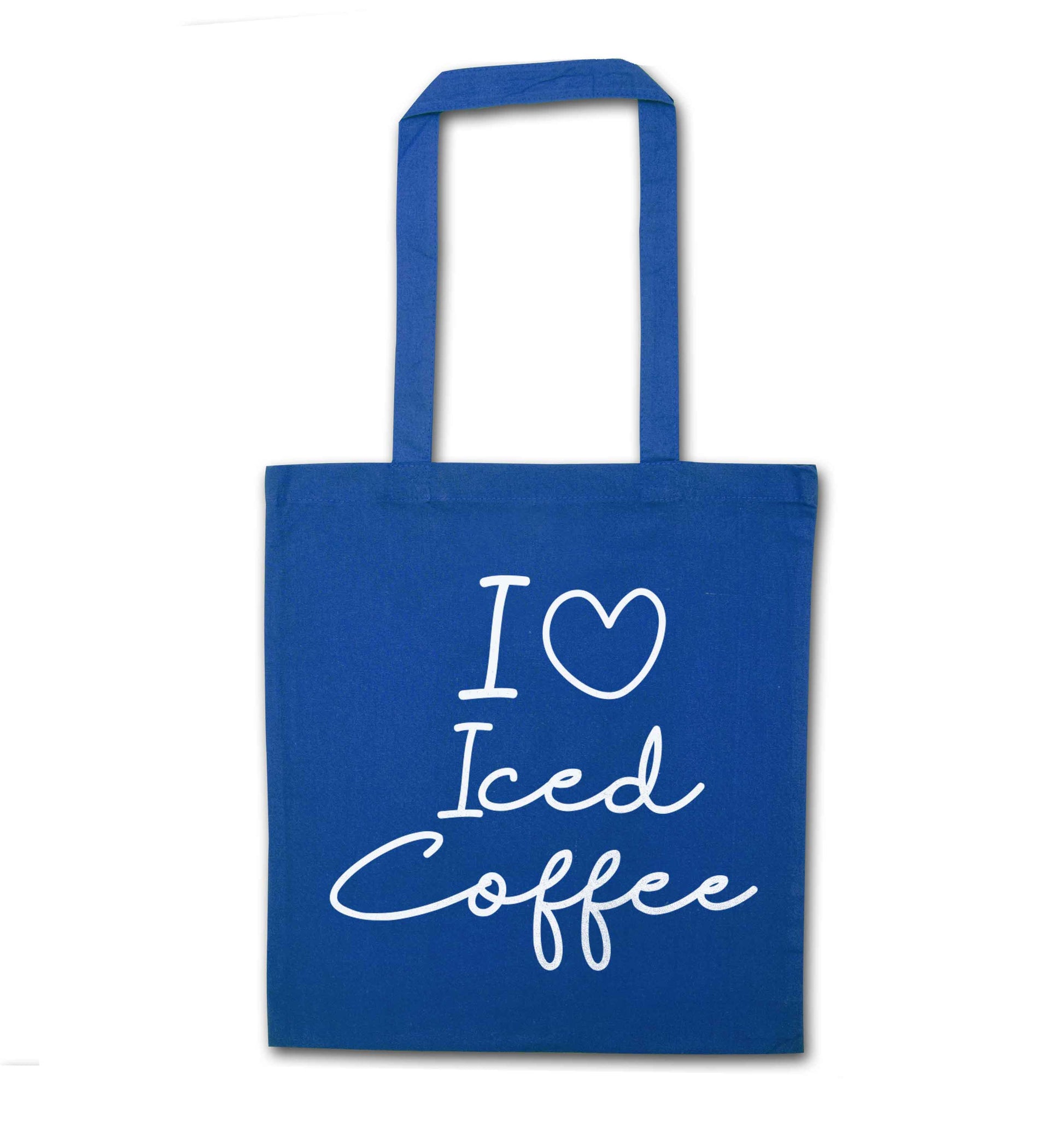I love iced coffee blue tote bag