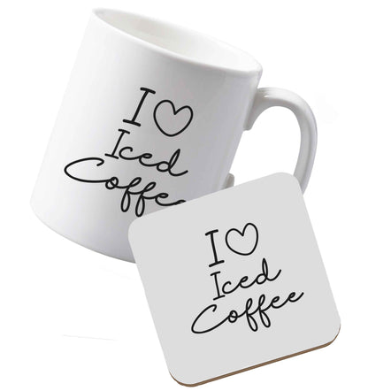 10 oz Ceramic mug and coasterI Love Iced Coffee both sides