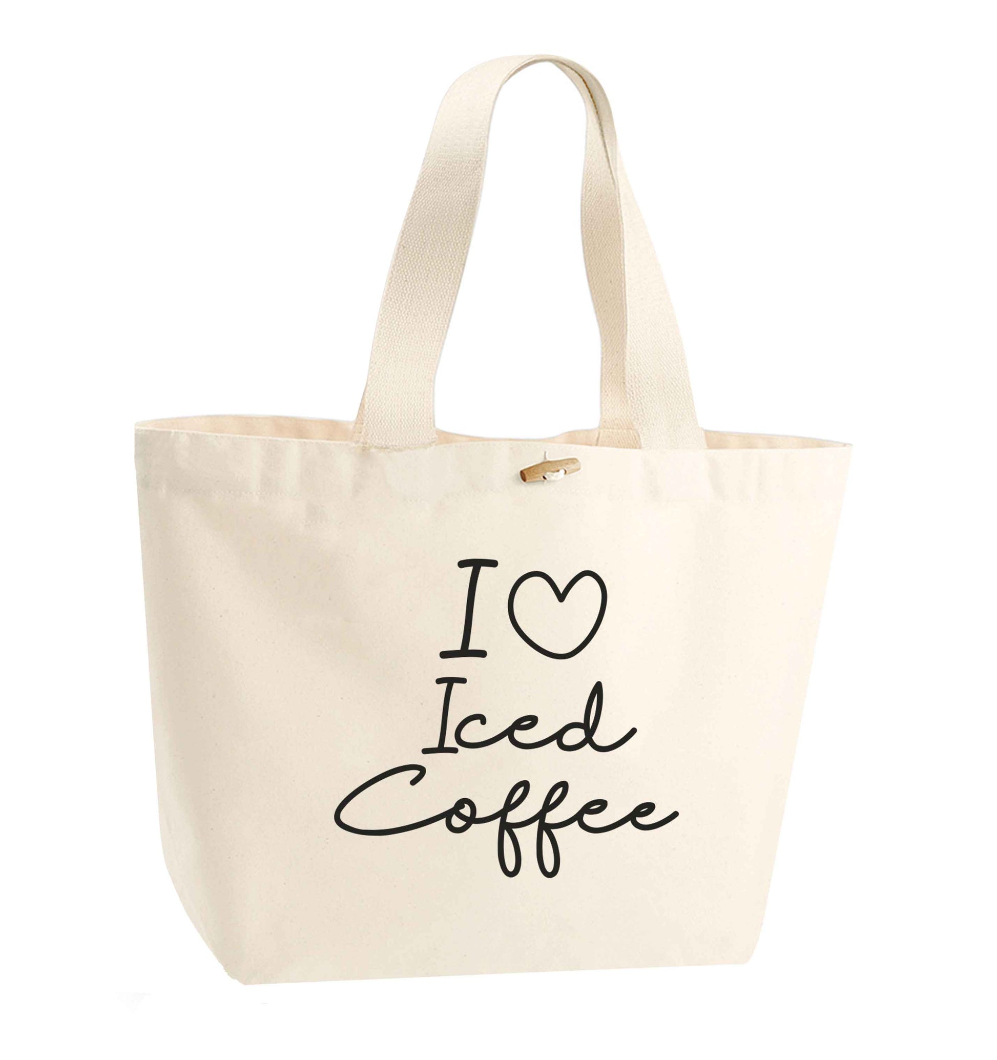I love iced coffee organic cotton premium tote bag with wooden toggle in natural