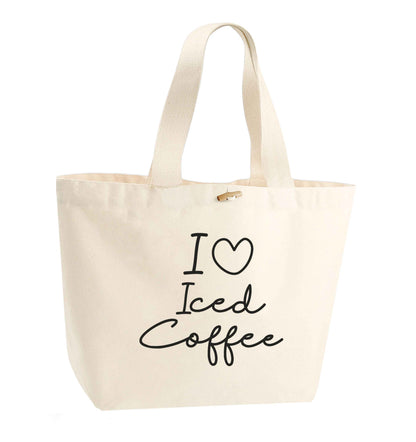 I love iced coffee organic cotton premium tote bag with wooden toggle in natural