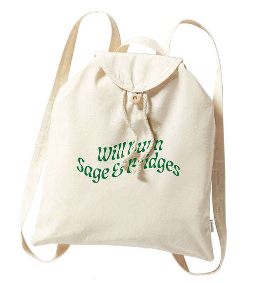 Will burn bridges and sage organic cotton backpack tote with wooden buttons in natural