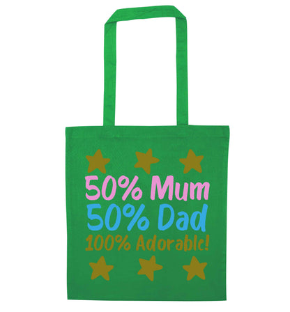 50% mum 50% dad 100% adorable green tote bag