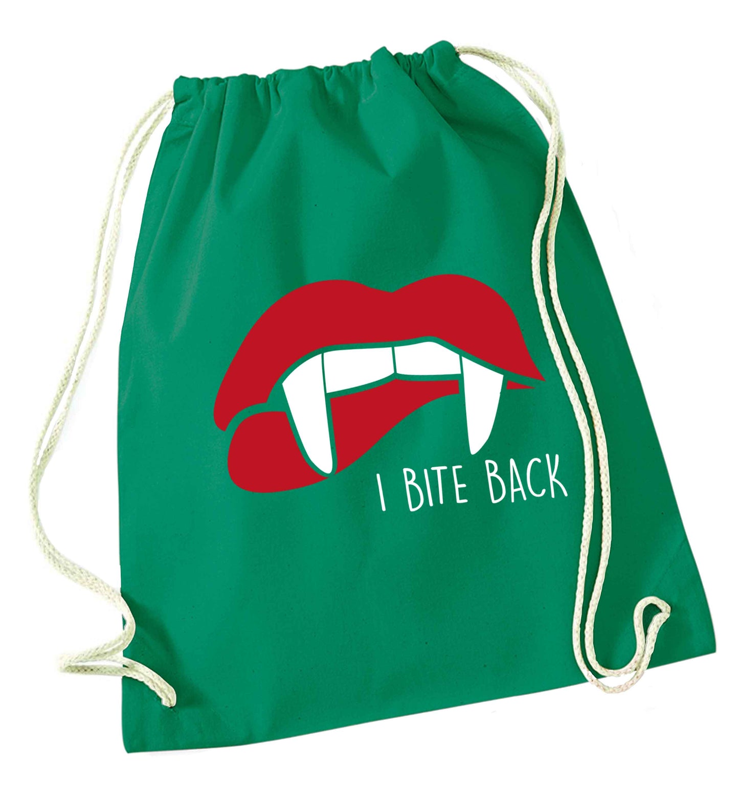 I bite back green drawstring bag