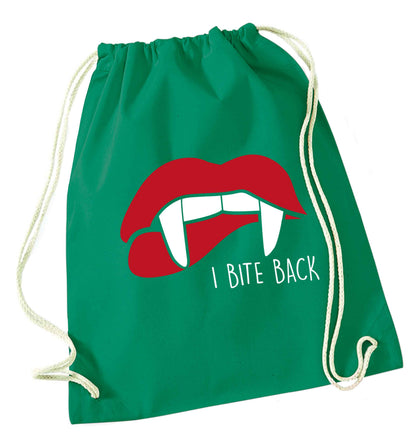 I bite back green drawstring bag