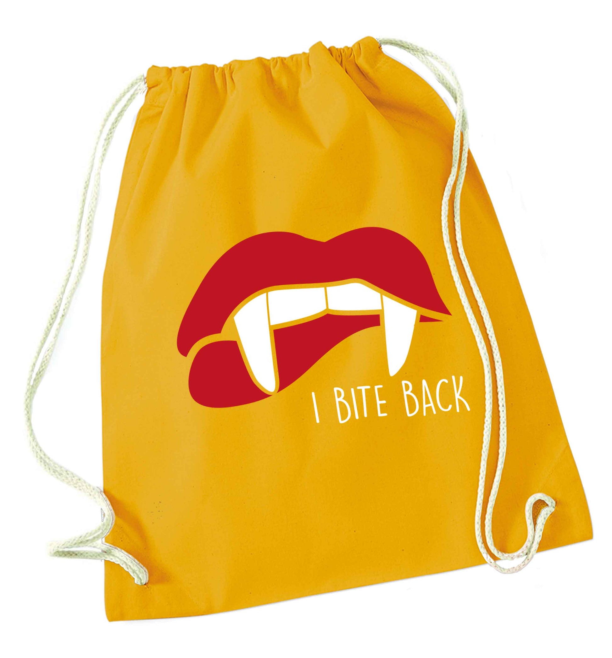 I bite back mustard drawstring bag