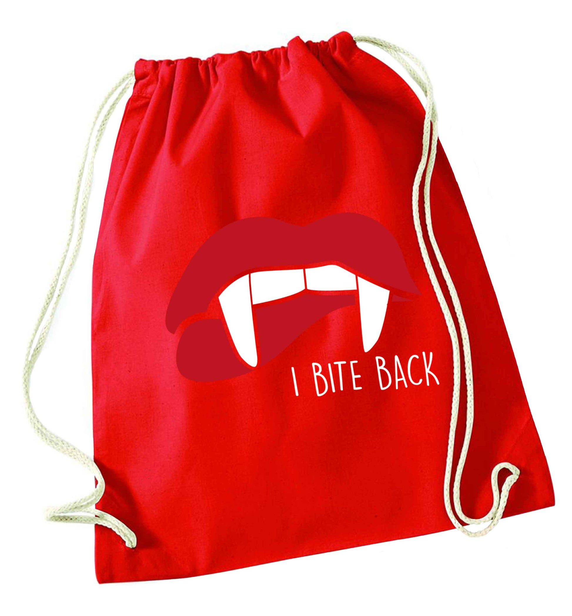 I bite back red drawstring bag 