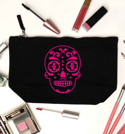 Neon pink sugar skull black makeup bag