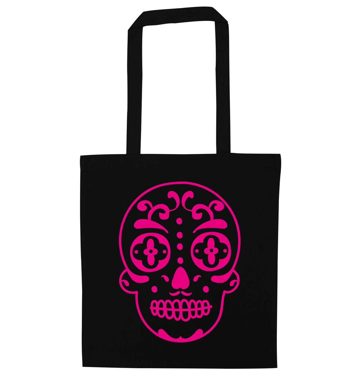 Neon pink sugar skull black tote bag