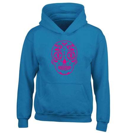 Neon pink sugar skull children's blue hoodie 12-13 Years