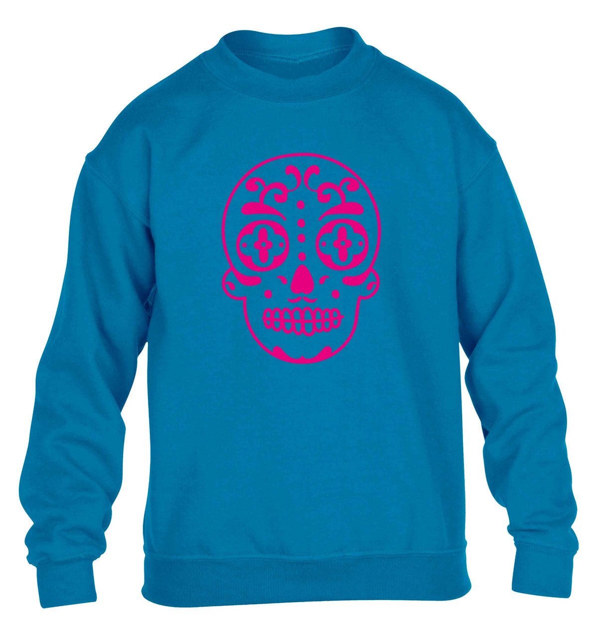 Neon pink sugar skull children's blue sweater 12-13 Years