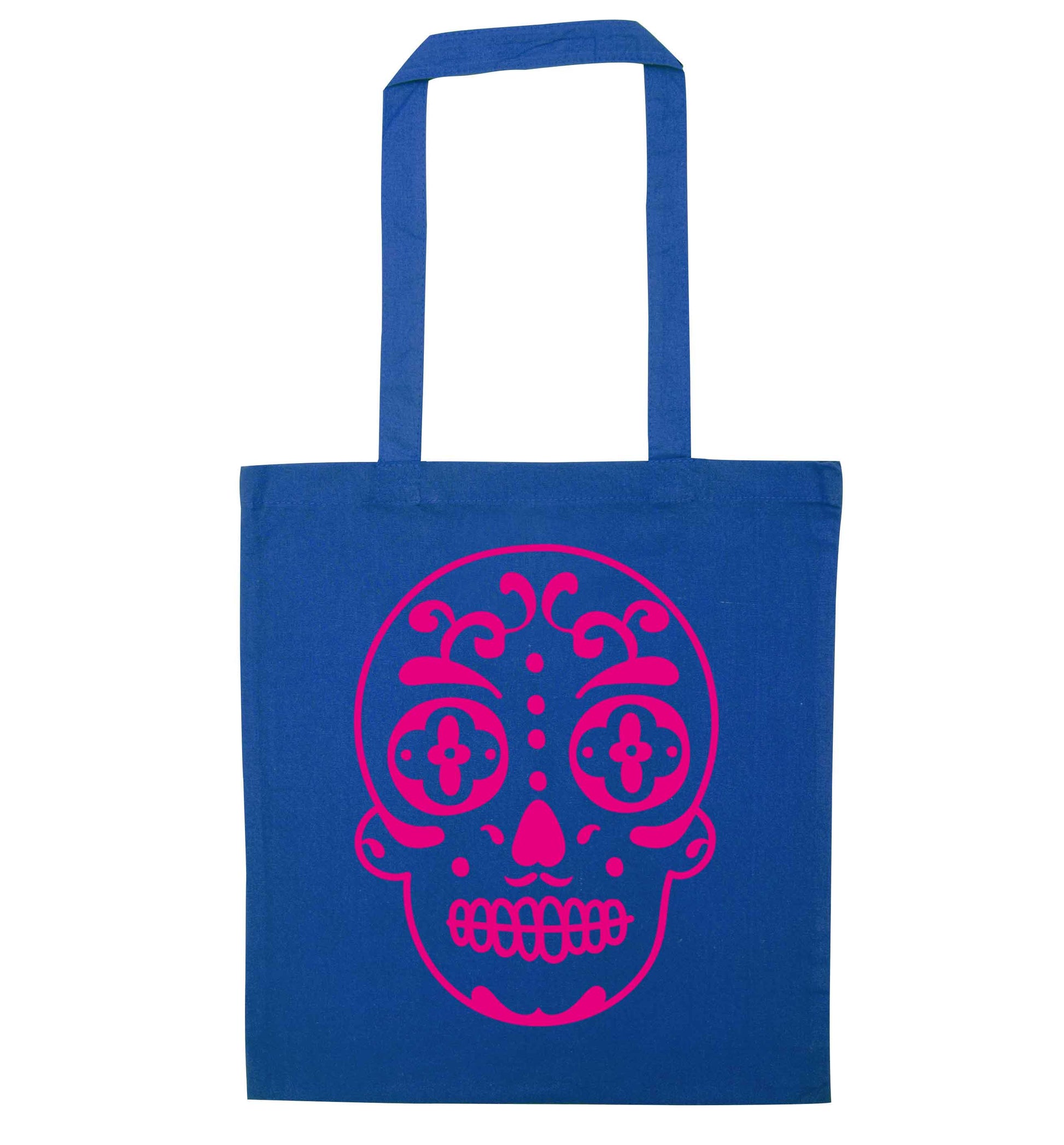Neon pink sugar skull blue tote bag