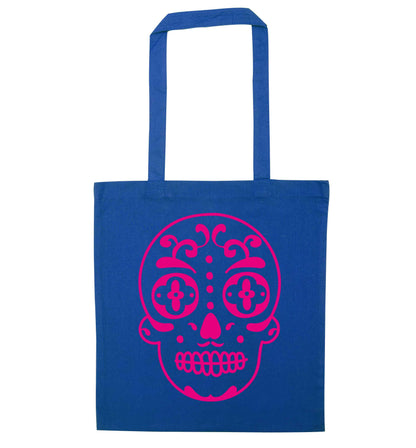 Neon pink sugar skull blue tote bag