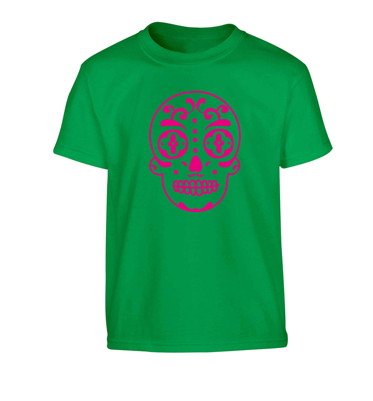 Neon pink sugar skull Children's green Tshirt 12-13 Years