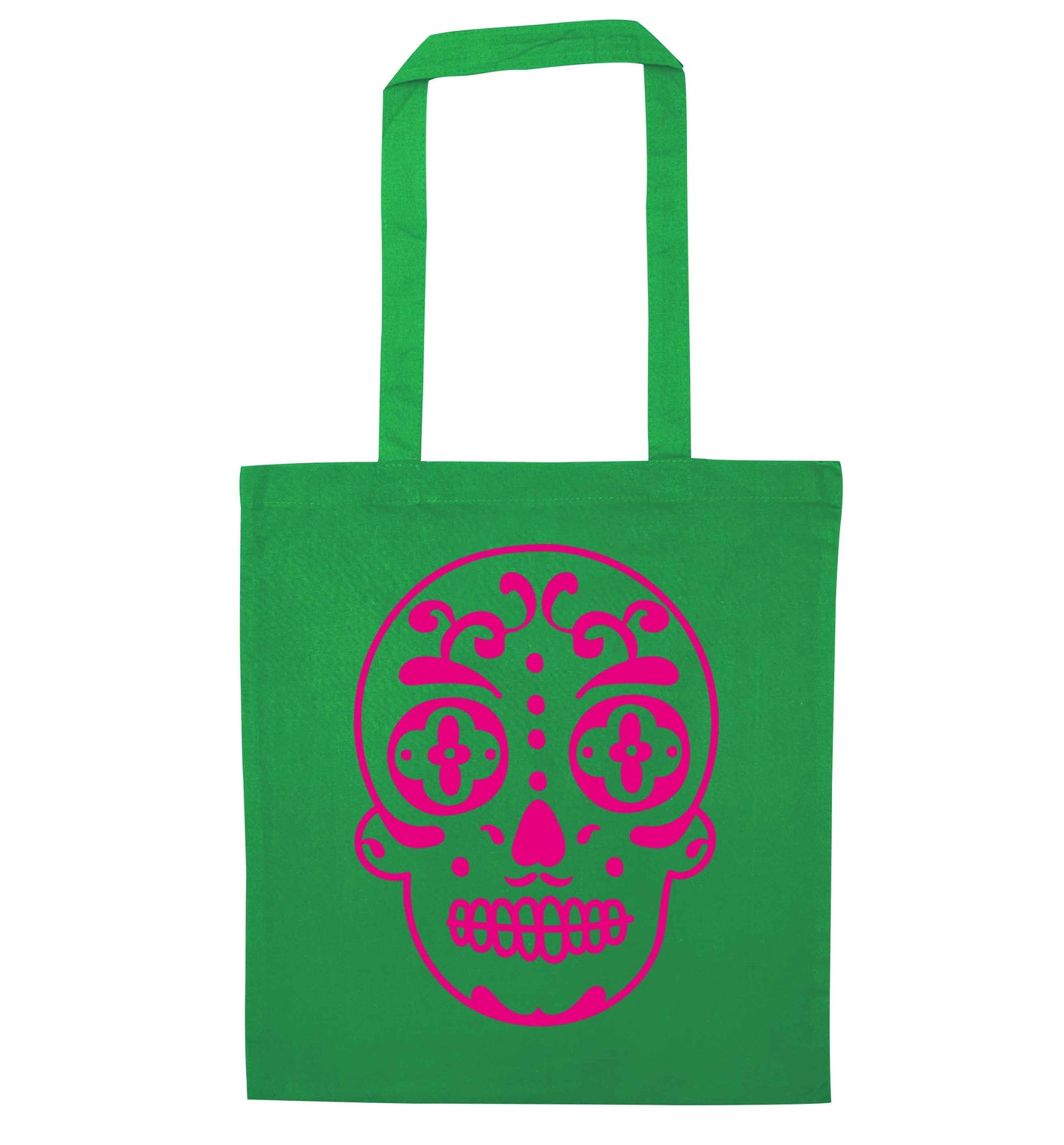 Neon pink sugar skull green tote bag
