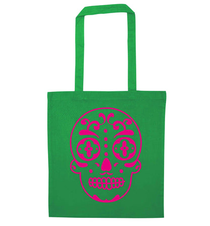 Neon pink sugar skull green tote bag