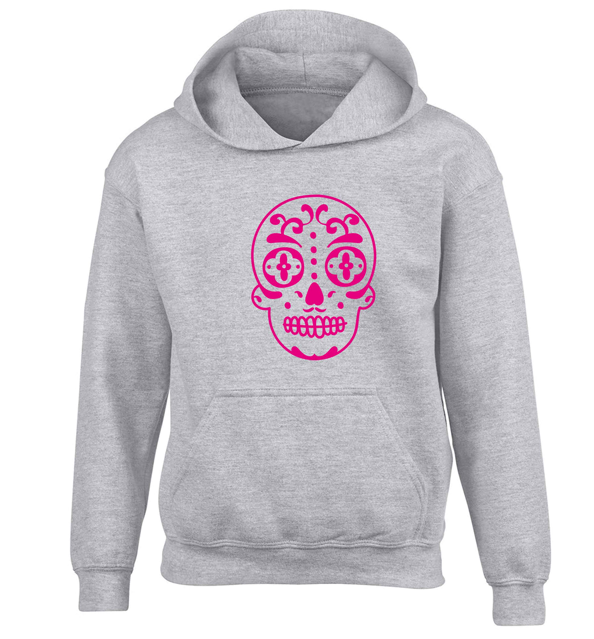 Neon pink sugar skull children's grey hoodie 12-13 Years