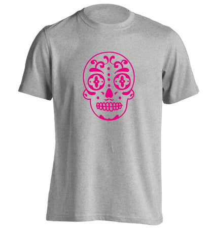 Neon pink sugar skull adults unisex grey Tshirt 2XL