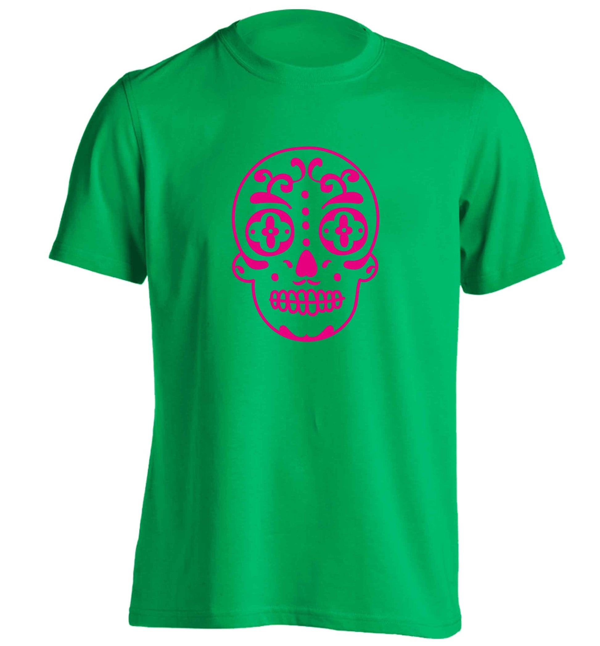 Neon pink sugar skull adults unisex green Tshirt 2XL