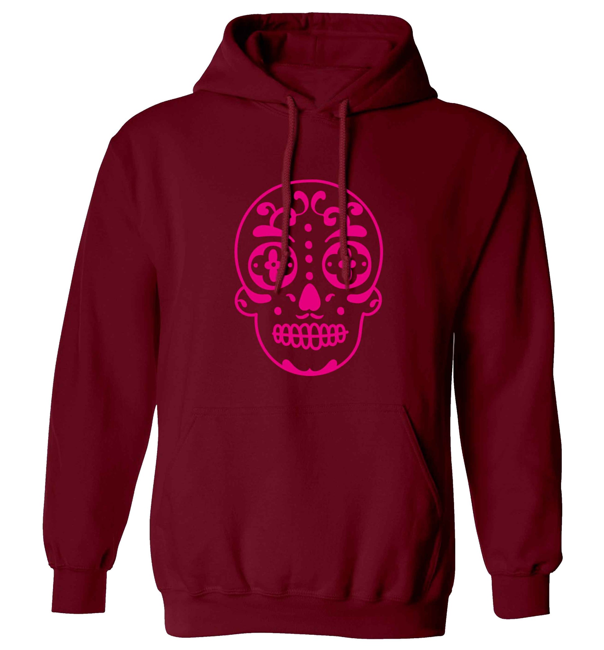 Neon pink sugar skull adults unisex maroon hoodie 2XL