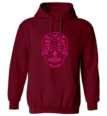 Neon pink sugar skull adults unisex maroon hoodie 2XL
