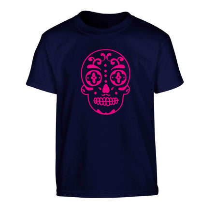 Neon pink sugar skull Children's navy Tshirt 12-13 Years