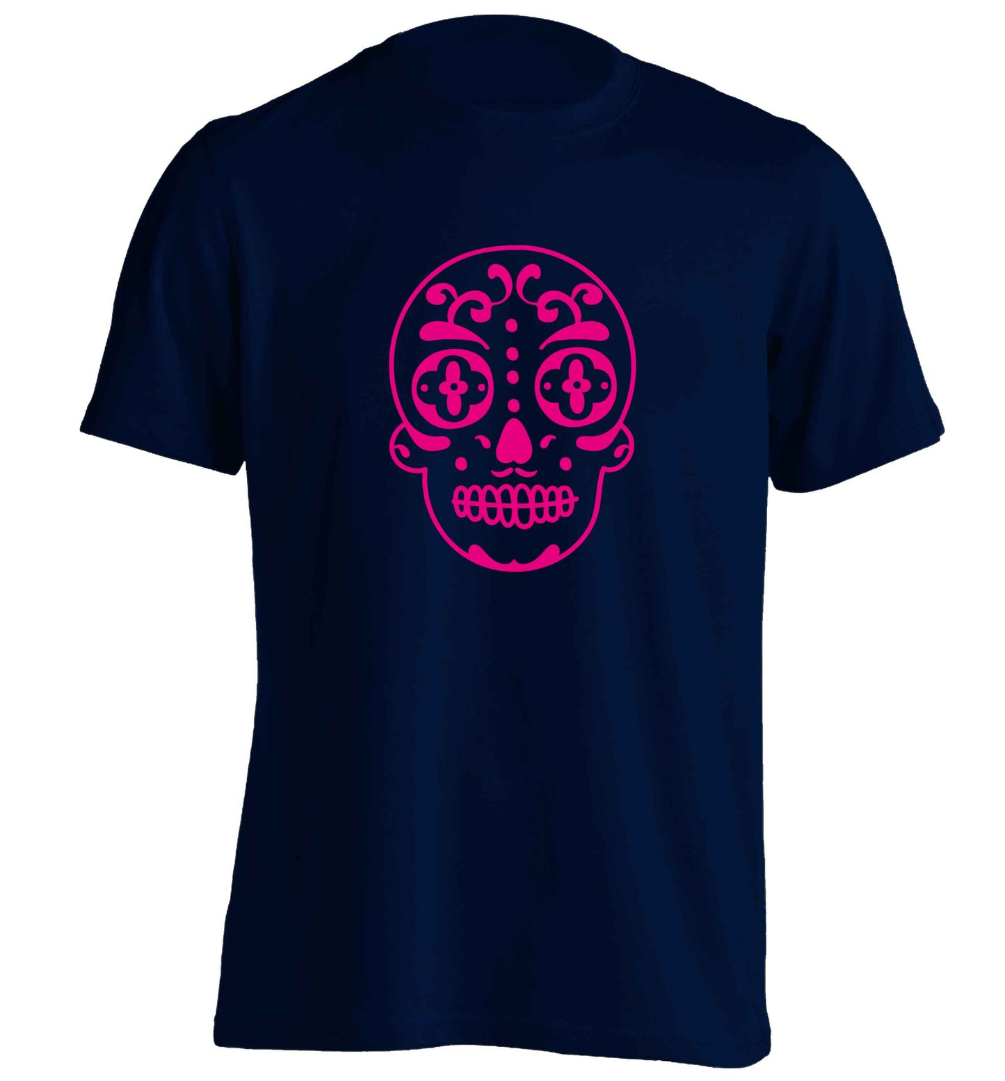 Neon pink sugar skull adults unisex navy Tshirt 2XL