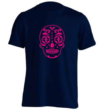 Neon pink sugar skull adults unisex navy Tshirt 2XL