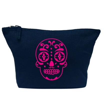 Neon pink sugar skull navy makeup bag