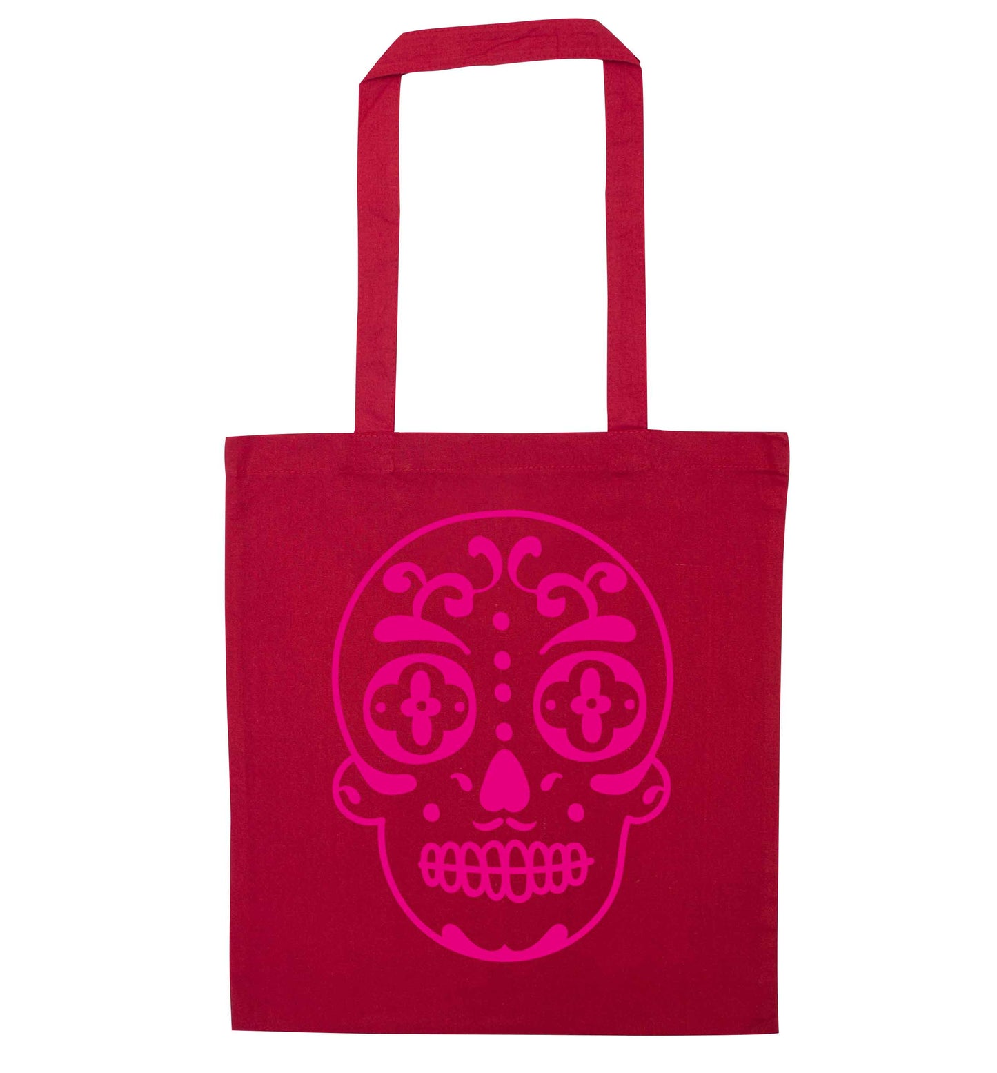 Neon pink sugar skull red tote bag