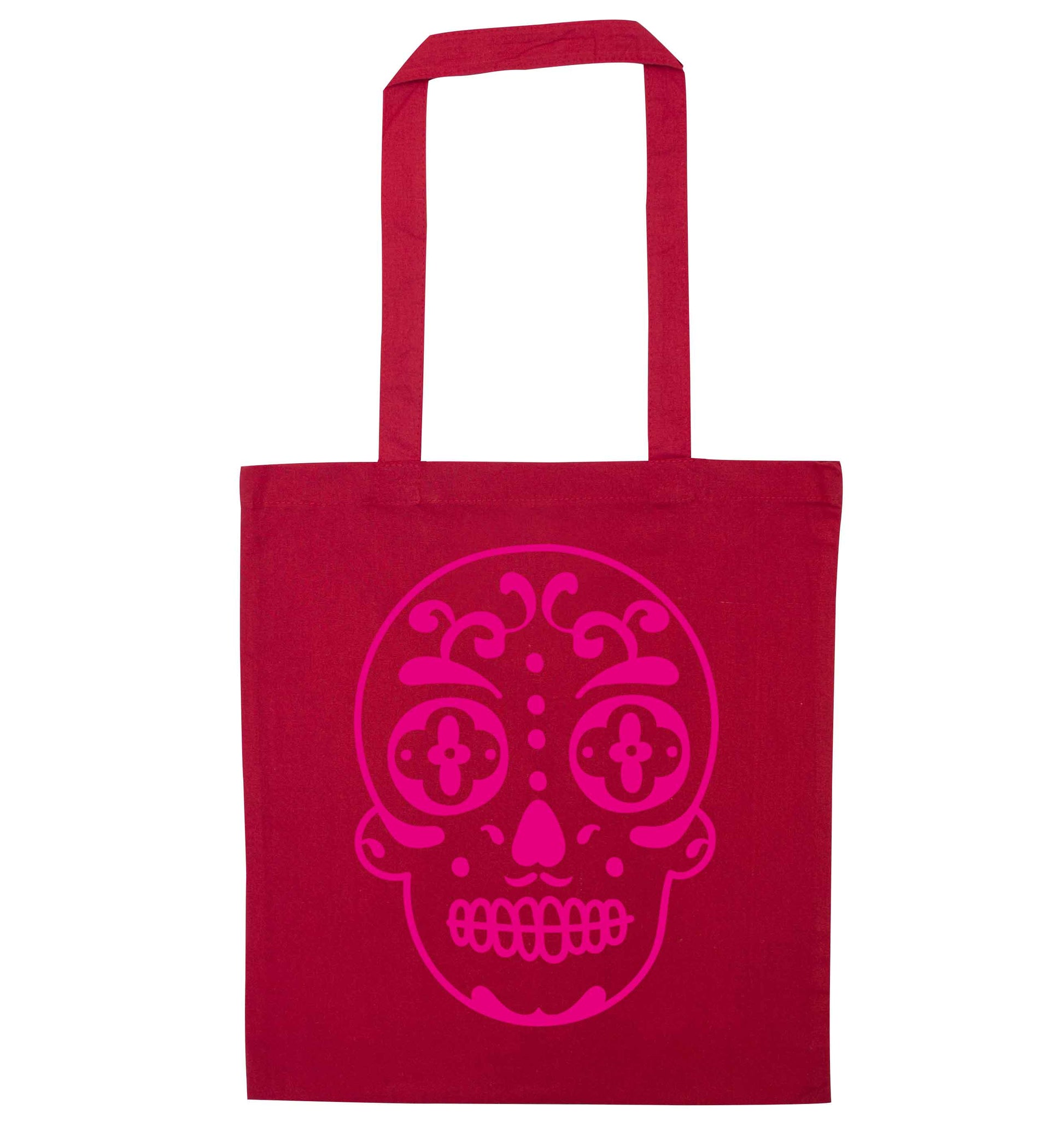 Neon pink sugar skull red tote bag