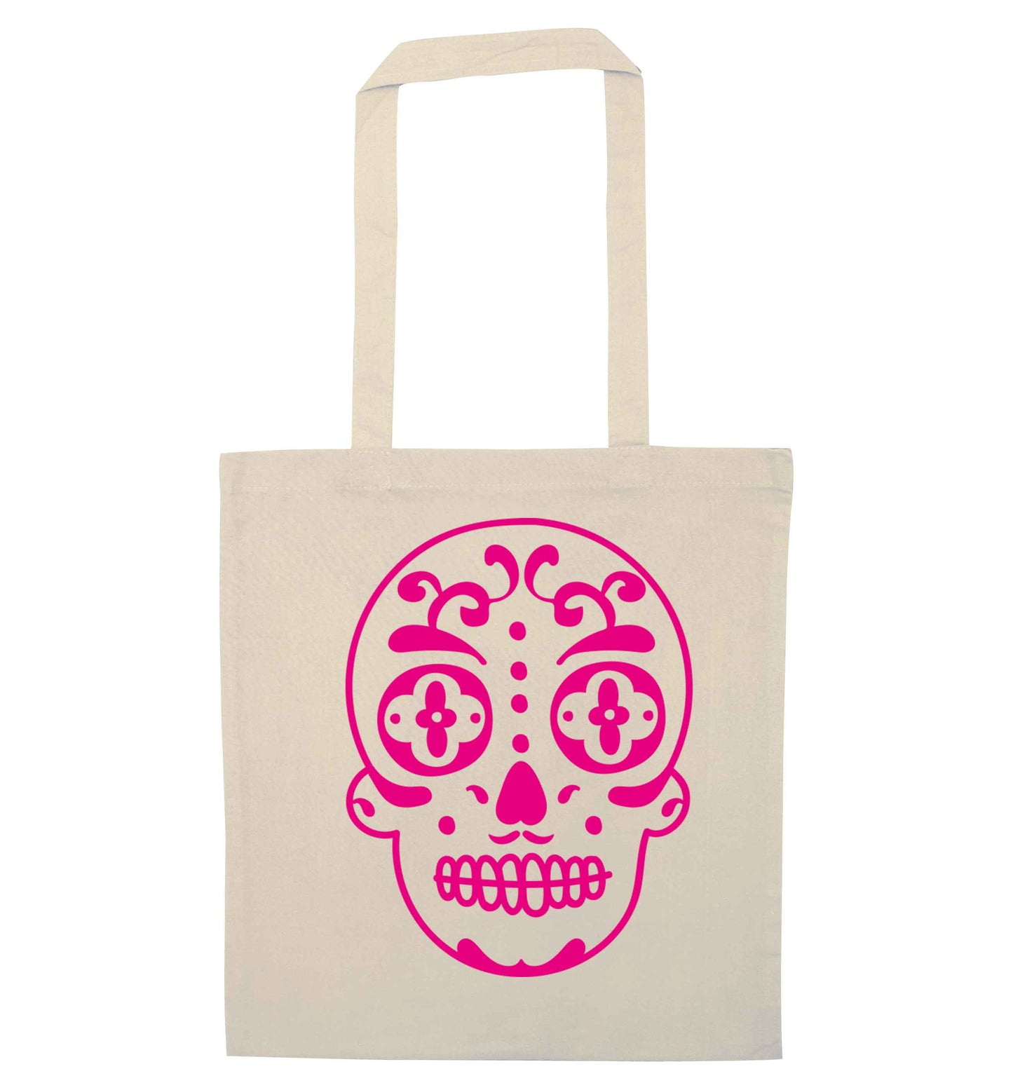 Neon pink sugar skull natural tote bag