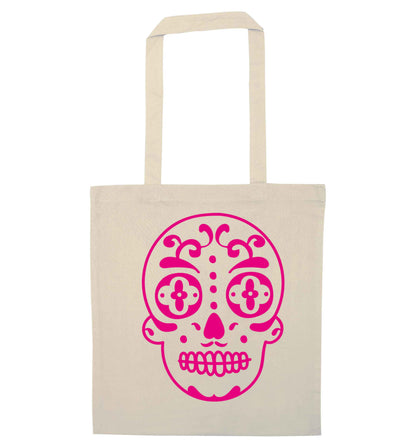 Neon pink sugar skull natural tote bag
