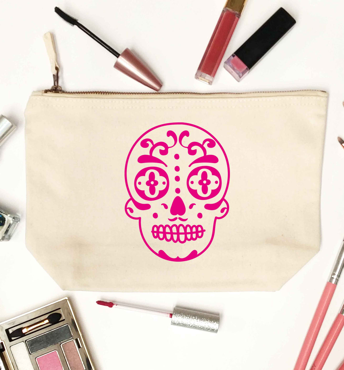Neon pink sugar skull natural makeup bag