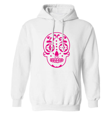 Neon pink sugar skull adults unisex white hoodie 2XL