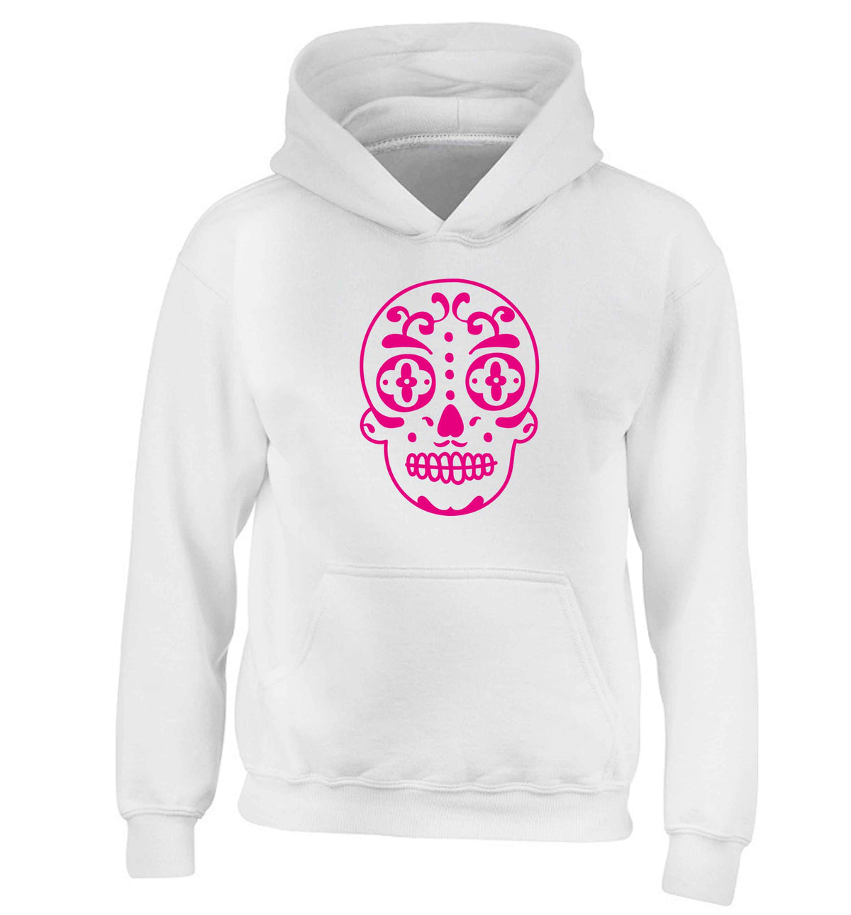 Neon pink sugar skull children's white hoodie 12-13 Years