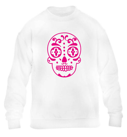 Neon pink sugar skull children's white sweater 12-13 Years