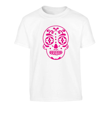 Neon pink sugar skull Children's white Tshirt 12-13 Years