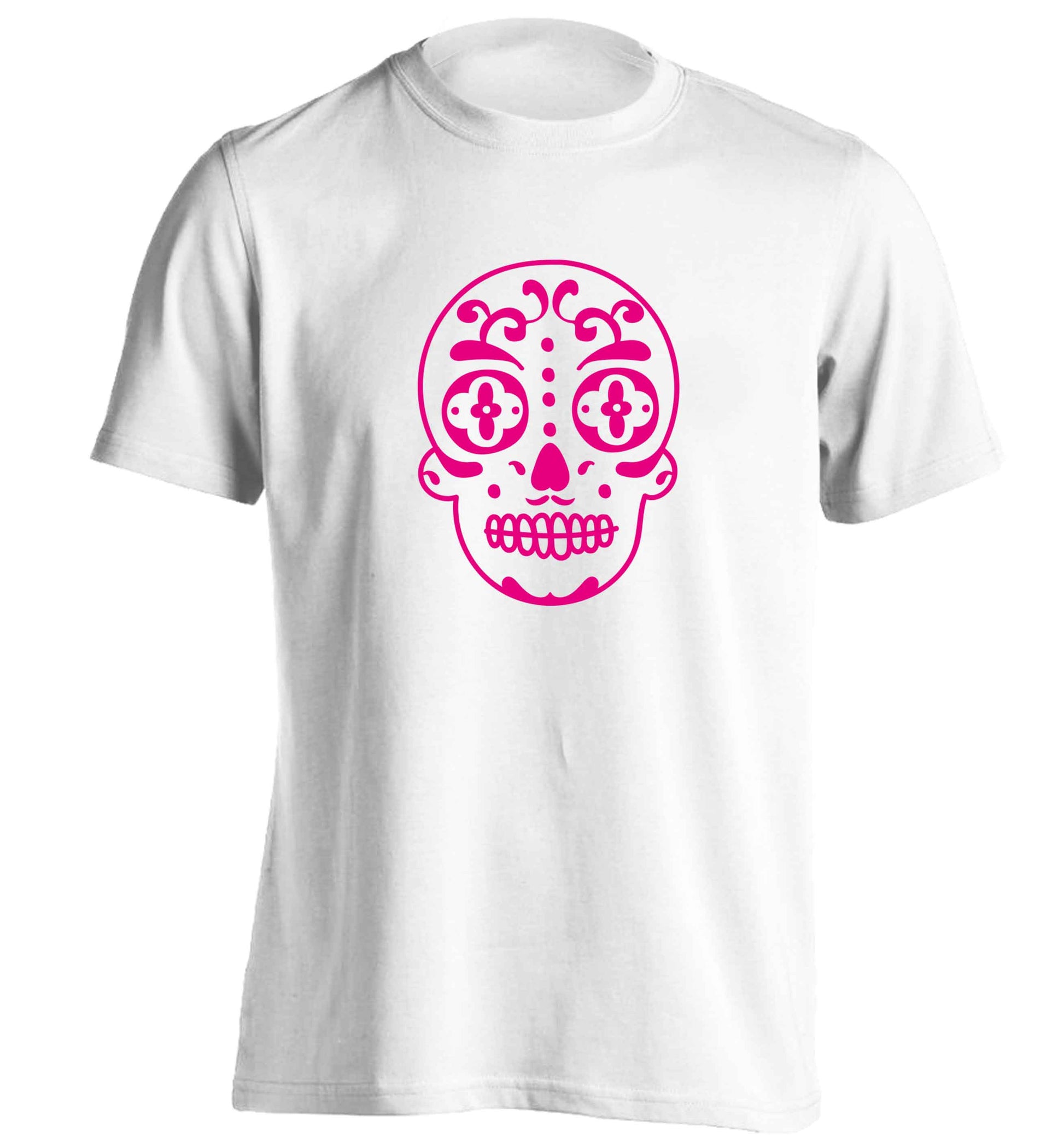 Neon pink sugar skull adults unisex white Tshirt 2XL