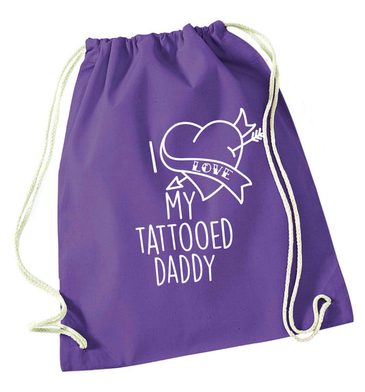 I love my tattooed daddy purple drawstring bag