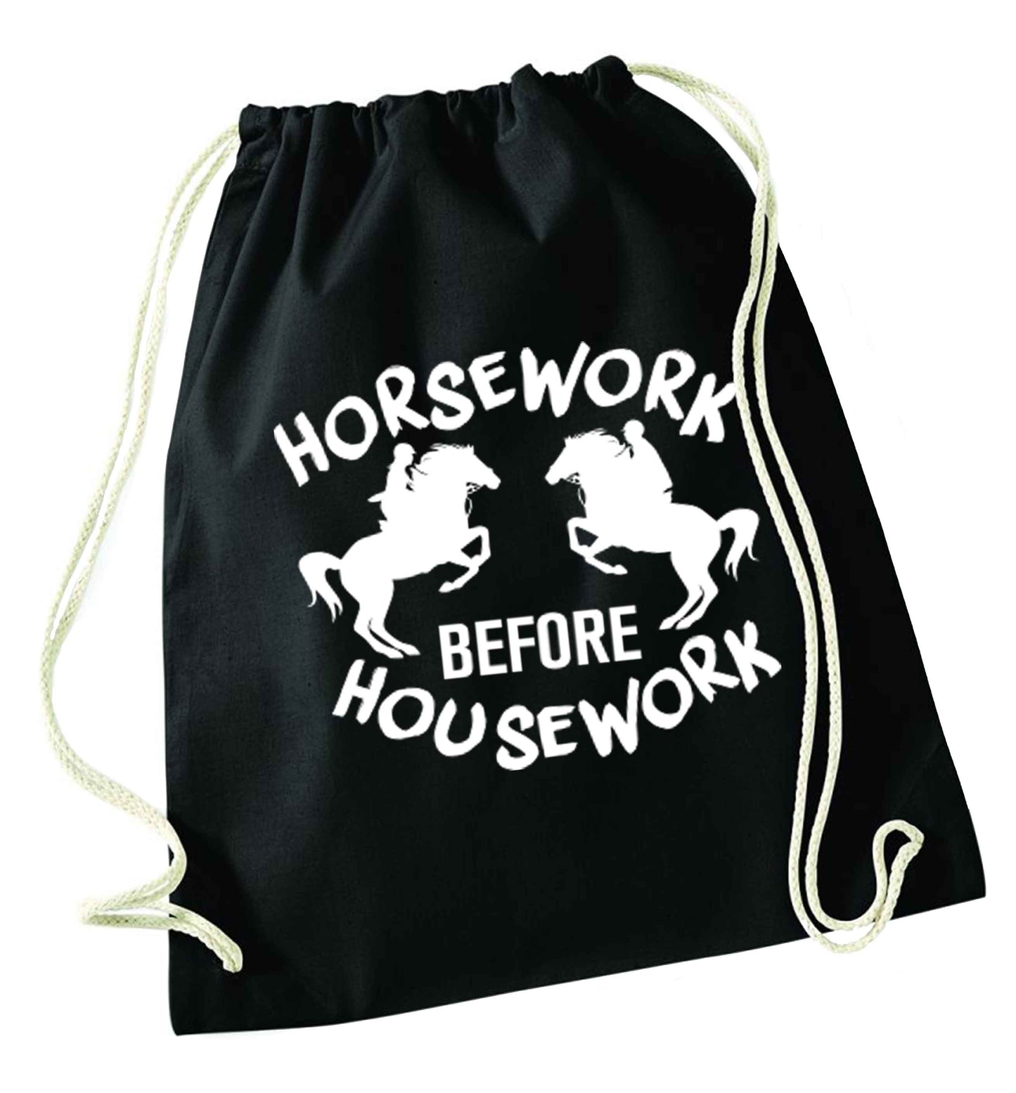 Horsework before housework black drawstring bag