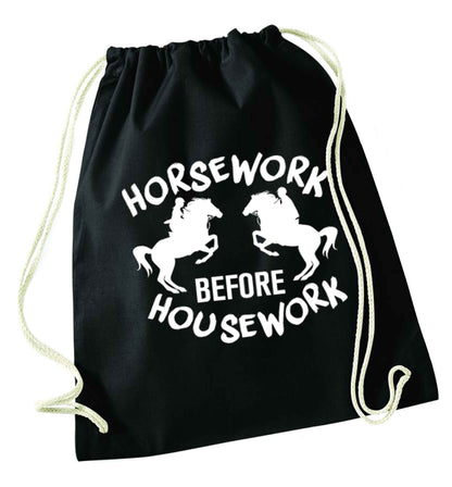 Horsework before housework black drawstring bag