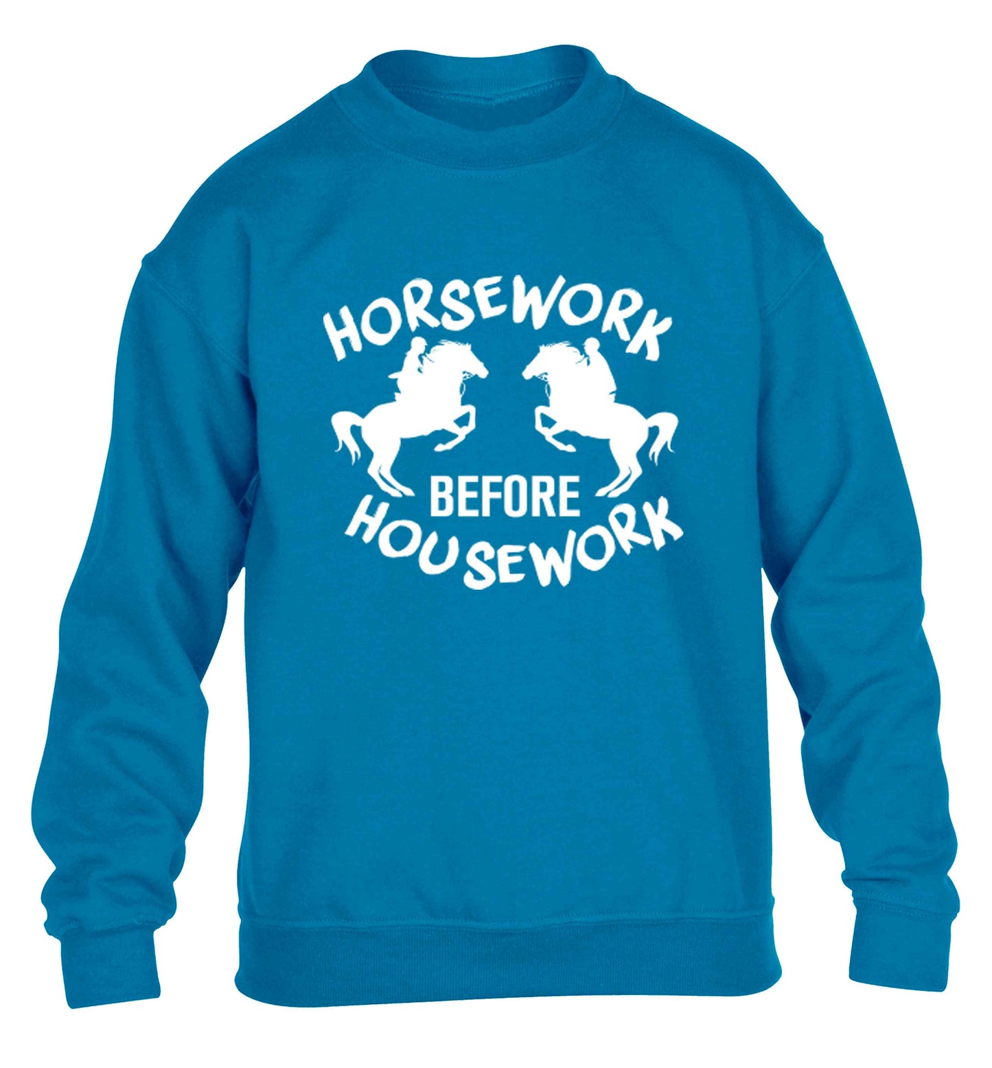 Horsework before housework children's blue sweater 12-13 Years