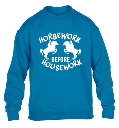 Horsework before housework children's blue sweater 12-13 Years